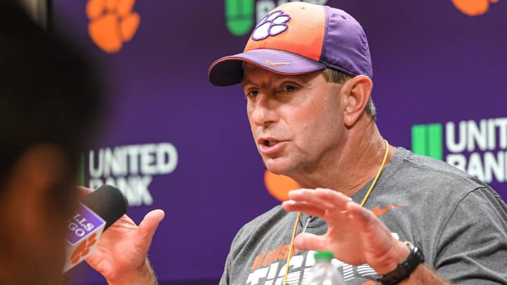 Clemson Head Coach Dabo Swinney speaks with media before the first day of Spring practice at the Poe Indoor Practice Facility at the Allen N. Reeves football complex in Clemson S.C. Wednesday, February 28, 2024.