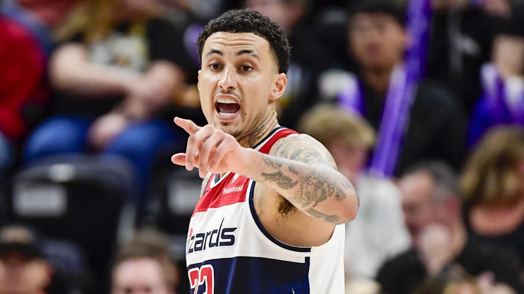 Mar 4, 2024; Salt Lake City, Utah, USA; Washington Wizards forward Kyle Kuzma (33) calls a play against the Utah Jazz during the second half at the Delta Center. Mandatory Credit: Christopher Creveling-Imagn Images