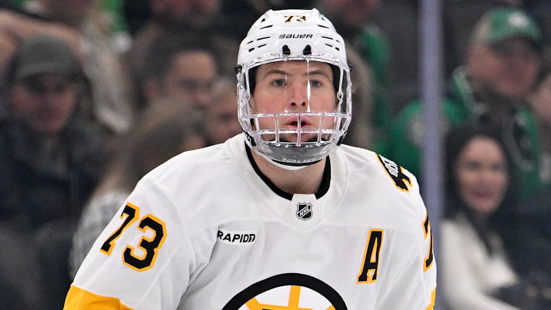 Jan 20, 2026; Dallas, Texas, USA;  Boston Bruins defenseman Charlie McAvoy (73) skates against the Dallas Stars during the game at the American Airlines Center. Mandatory Credit: Jerome Miron-Imagn Images