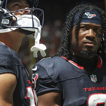 Aug 24, 2024; Houston, Texas, USA; Houston Texans wide receiver John Metchie III (8) on the sideline during the game against the Los Angeles Rams at NRG Stadium. Mandatory Credit: Troy Taormina-Imagn Images