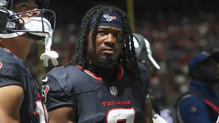 Aug 24, 2024; Houston, Texas, USA; Houston Texans wide receiver John Metchie III (8) on the sideline during the game against the Los Angeles Rams at NRG Stadium. Mandatory Credit: Troy Taormina-Imagn Images