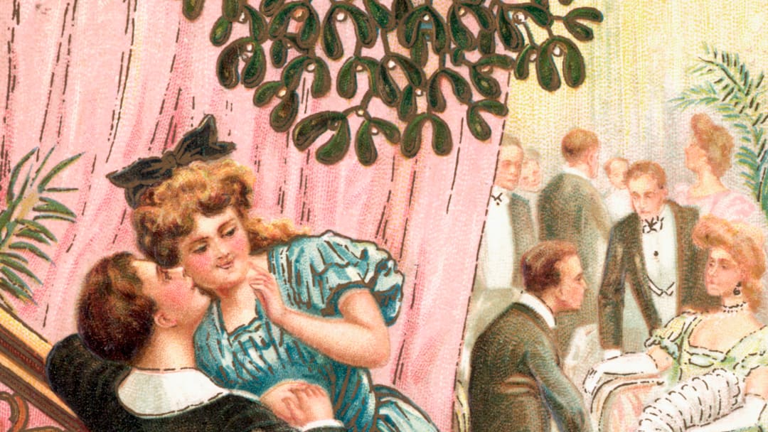 Victorian Christmas Card: "Merry Christmas-Come under the mistletoe"
