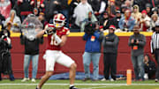 Nov 1, 2025; Ames, Iowa, USA; Iowa State Cyclones tight end Benjamin Brahmer (18) catches a touchdown pass against the Arizona State Sun Devils during the first half at Jack Trice Stadium. Mandatory Credit: Reese Strickland-Imagn Images