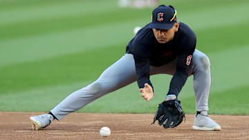 Oct 14, 2024; Bronx, New York, USA; Cleveland Guardians second baseman Andres Gimenez (0) fields ground balls before game one of the ALCS against the New York Yankees during the 2024 MLB Playoffs at Yankee Stadium. Mandatory Credit: Brad Penner-Imagn Images