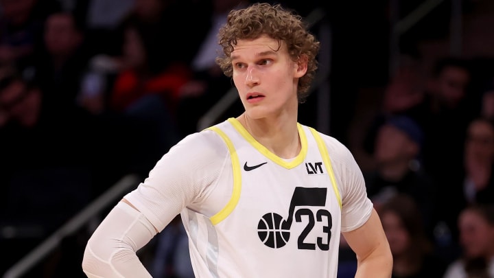 Jan 30, 2024; New York, New York, USA; Utah Jazz forward Lauri Markkanen (23) reacts during the third quarter against the New York Knicks at Madison Square Garden