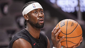 Mar 14, 2025; Atlanta, Georgia, USA; Atlanta Hawks guard Caris LeVert (3) warms up on the court prior to the game against the LA Clippers at State Farm Arena. Mandatory Credit: Dale Zanine-Imagn Images