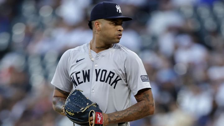 Aug 12, 2024; Chicago, Illinois, USA; New York Yankees pitcher Luis Gil (81) throws pitch against the Chicago White Sox during the first inning at Guaranteed Rate Field. Mandatory Credit: Kamil Krzaczynski-USA TODAY Sports