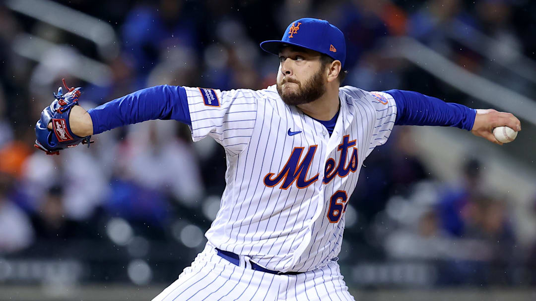 Sep 28, 2023; New York City, New York, USA; New York Mets relief pitcher Anthony Kay (64) pitches against the Miami Marlins during the ninth inning at Citi Field. Mandatory Credit: Brad Penner-Imagn Images