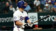 Texas Rangers shortstop Corey Seager (5) hits a two-run home run during the fourth inning against the Los Angeles Angels at Globe Life Field.