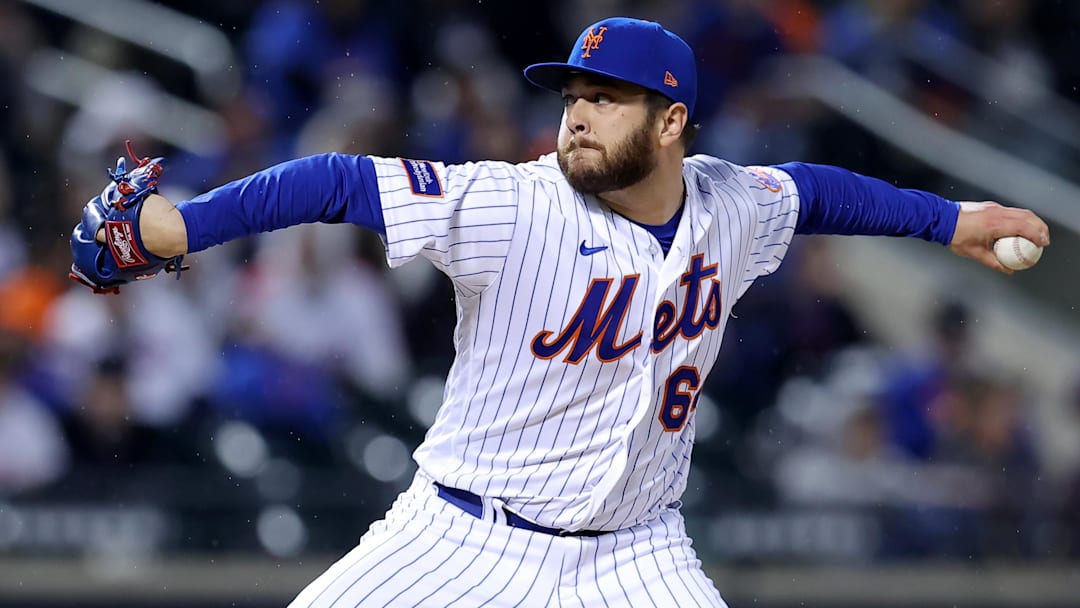 Sep 28, 2023; New York City, New York, USA; New York Mets relief pitcher Anthony Kay (64) pitches against the Miami Marlins during the ninth inning at Citi Field. Mandatory Credit: Brad Penner-Imagn Images