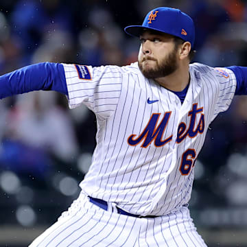 Sep 28, 2023; New York City, New York, USA; New York Mets relief pitcher Anthony Kay (64) pitches against the Miami Marlins during the ninth inning at Citi Field. Mandatory Credit: Brad Penner-Imagn Images