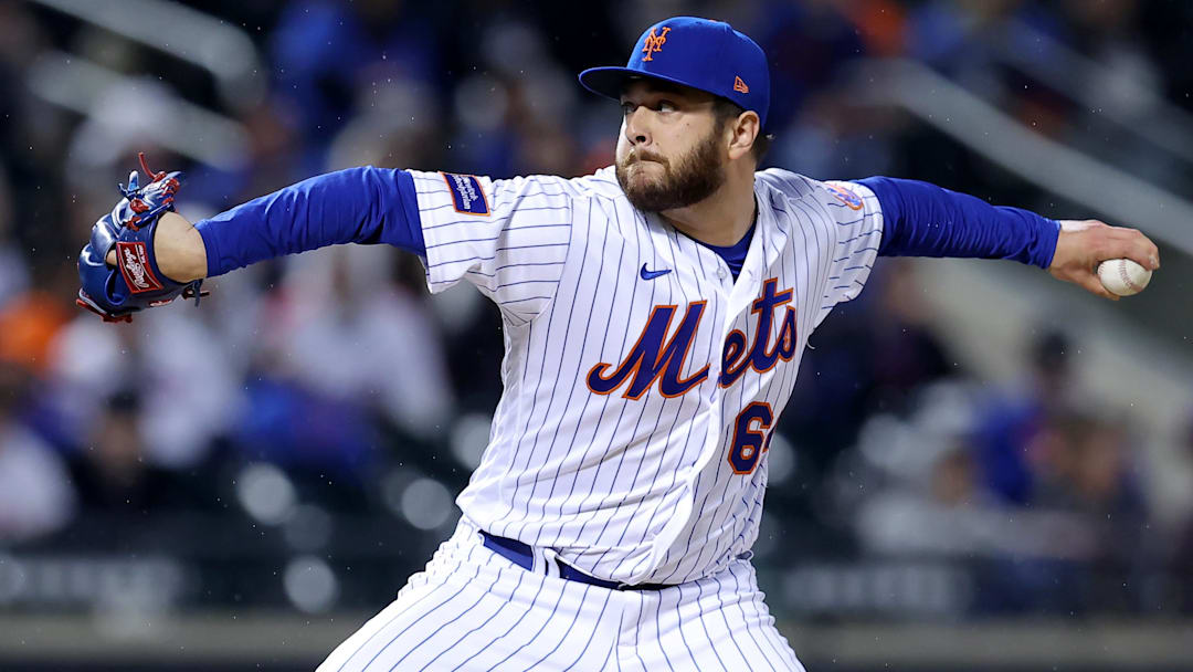 Sep 28, 2023; New York City, New York, USA; New York Mets relief pitcher Anthony Kay (64) pitches against the Miami Marlins during the ninth inning at Citi Field. Mandatory Credit: Brad Penner-Imagn Images Sep 28, 2023; New York City, New York, USA; New York Mets relief pitcher Anthony Kay (64) pitches against the Miami Marlins during the ninth inning at Citi Field. Mandatory Credit: Brad Penner-Imagn Images