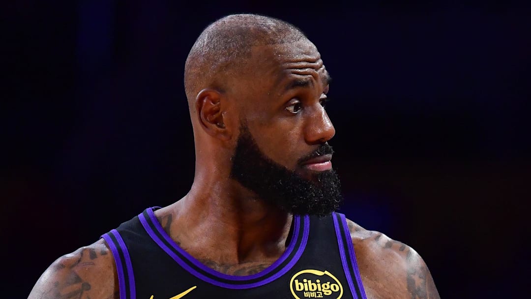 Los Angeles Lakers forward LeBron James reacts during the second half at Crypto.com Arena.