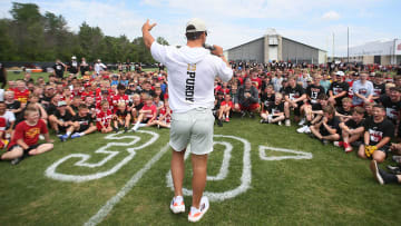 Former Iowa State quarterback and San Francisco 49ers quarterback Brock Purdy talks to his fans at the Brock Purdy Youth Football camp at Jack Trice Stadium football practice field on Saturday, June 22, 2024, in Ames, Iowa