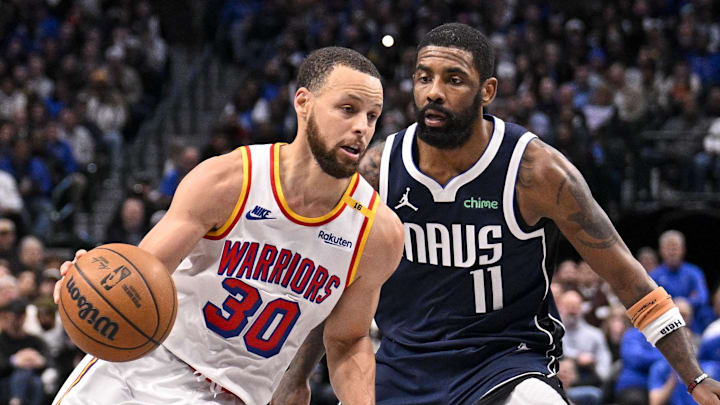 Golden State Warriors guard Stephen Curry and Dallas Mavericks guard Kyrie Irving in action during the game between the Dallas Mavericks and the Golden State Warriors at the American Airlines Center. Mandatory Credit: Jerome Miron-Imagn Images Golden State Warriors guard Stephen Curry and Dallas Mavericks guard Kyrie Irving in action during the game between the Dallas Mavericks and the Golden State Warriors at the American Airlines Center. Mandatory Credit: Jerome Miron-Imagn Images