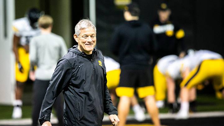 Iowa head coach Kirk Ferentz smiles during a spring NCAA college football practice, Tuesday, March 29, 2022, at the University of Iowa Indoor Practice Facility in Iowa City, Iowa.

220329 Iowa Spring Fb 045 Jpg