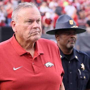 Arkansas Razorbacks head coach Sam Pittman prior to the game against the Pine Bluff Golden Lions at War Memorial Stadium. 