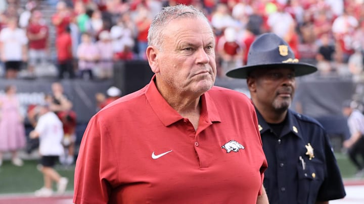 Arkansas Razorbacks head coach Sam Pittman prior to the game against the Pine Bluff Golden Lions at War Memorial Stadium. 