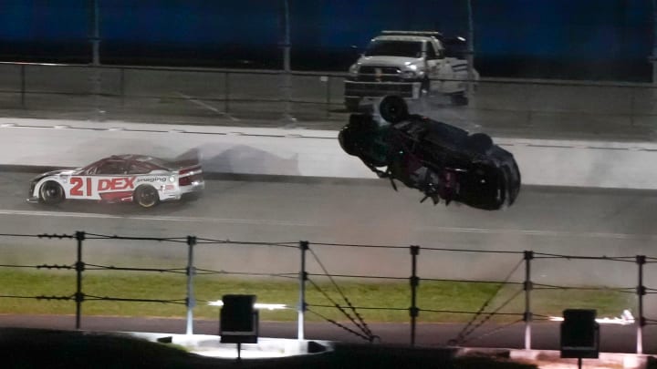 Ryan Preece flips multiple times during the running of the Coke Zero Sugar 400 at Daytona International Speedway, Saturday, Aug. 26, 2023.