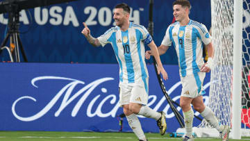 Argentina forward Lionel Messi (10) celebrates his goal.