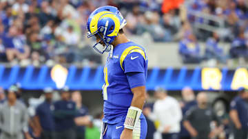 Jan 5, 2025; Inglewood, California, USA;   Los Angeles Rams Quarterback Jimmy Garoppolo (11) reacts at SoFi Stadium as the Seattle Seahawks face off versus Los Angeles Rams Week 18 matchup. Mandatory Credit: William Navarro-Imagn Images