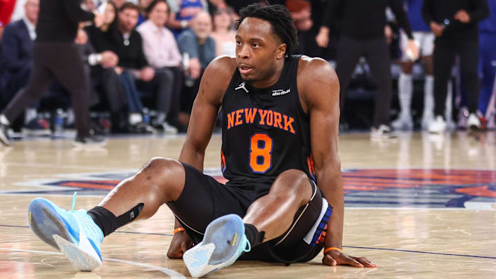 May 6, 2026; New York, New York, USA; New York Knicks forward Og Anunoby (8) during game five of the second round of the 2026 NBA Playoffs at Madison Square Garden. Mandatory Credit: Wendell Cruz-Imagn Images