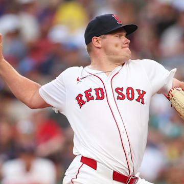 Jul 7, 2025; Boston, Massachusetts, USA; Boston Red Sox starting pitcher Richard Fitts (80) delivers a pitch during the second inning against the Colorado Rockies at Fenway Park. Mandatory Credit: Paul Rutherford-Imagn Images