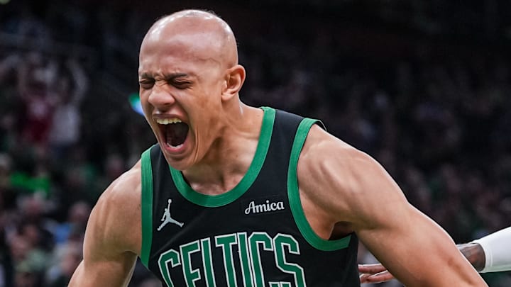 Apr 28, 2026; Boston, Massachusetts, USA; Boston Celtics guard Jordan Walsh (27) reacts after his basket against the Philadelphia 76ers in the second half during game five of the first round of the 2026 NBA Playoffs at TD Garden. Mandatory Credit: David Butler II-Imagn Images