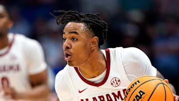 Alabama guard Labaron Philon (0) runs the ball up the court against Kentucky during the second half of a Southeastern Conference tournament quarterfinal game at Bridgestone Arena in Nashville, Tenn., Friday, March 14, 2025.