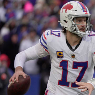Buffalo Bills quarterback Josh Allen waits for someone to get open during second half action against the Tampa Bay Buccaneers