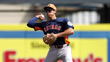 Mar 10, 2025; Dunedin, Florida, USA; Houston Astros infielder Brice Matthews (86) throws to first base against the Toronto Blue Jays in the fifth inning during spring training at TD Ballpark. 
