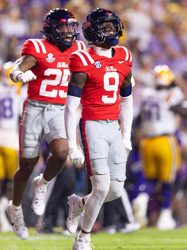 Mississippi Rebels cornerback Trey Amos (9) reacts. Mississippi Rebels cornerback Trey Amos (9) reacts.