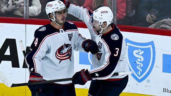 Jan 30, 2026; Chicago, Illinois, USA;  Columbus Blue Jackets  center Charlie Coyle (3) hugs center Cole Sillinger (4) a goal against the Chicago Blackhawks during the third period at the United Center. Mandatory Credit: Matt Marton-Imagn Images
