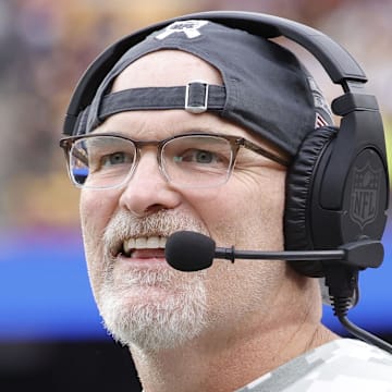 Nov 10, 2024; Landover, Maryland, USA; Washington Commanders head coach Dan Quinn looks on from the sidelines against the Pittsburgh Steelers during the second half at Northwest Stadium. Mandatory Credit: Amber Searls-Imagn Images