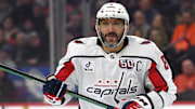 Feb 6, 2025; Philadelphia, Pennsylvania, USA; Washington Capitals left wing Alex Ovechkin (8) against the Philadelphia Flyers at Wells Fargo Center. Mandatory Credit: Eric Hartline-Imagn Images