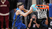 Feb 15, 2025; San Francisco, CA, USA; Osceola Magic guard Mac McClung competes in the slam dunk competition during All Star Saturday Night ahead of the 2025 NBA All Star Game at Chase Center. Mandatory Credit: Cary Edmondson-Imagn Images