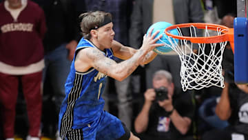 Feb 15, 2025; San Francisco, CA, USA; Osceola Magic guard Mac McClung competes in the slam dunk competition during All Star Saturday Night ahead of the 2025 NBA All Star Game at Chase Center. Mandatory Credit: Cary Edmondson-Imagn Images