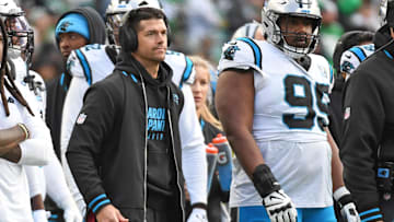 Dec 8, 2024; Philadelphia, Pennsylvania, USA; Carolina Panthers head coach Dave Canales during the fourth quarter against the Philadelphia Eagles at Lincoln Financial Field.