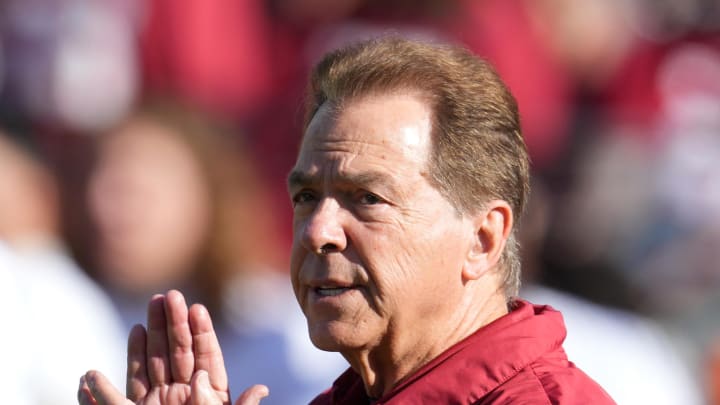 Jan 1, 2024; Pasadena, CA, USA; Alabama Crimson Tide head coach Nick Saban looks on before the game against the Michigan Wolverines in the 2024 Rose Bowl college football playoff semifinal game at Rose Bowl. Mandatory Credit: Kirby Lee-USA TODAY Sports