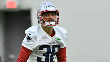  New England Patriots place kicker Andres Borregales (36) practices during rookie camp at Gillette Stadium.