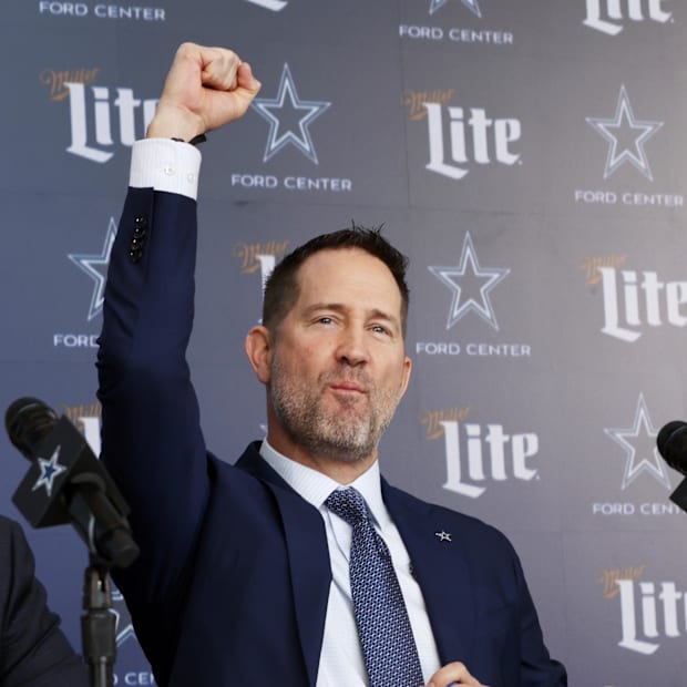 Dallas Cowboys Head Coach Brian Schottenheimer reacts while speaking to the media at a press conference 