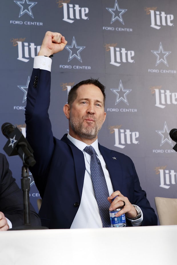 Dallas Cowboys Head Coach Brian Schottenheimer reacts while speaking to the media at a press conference at the Star.