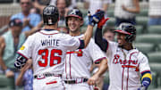 Atlanta Braves outfielder Eli White (36) reacts with first base Matt Olson (28) and second base Ozzie Albies