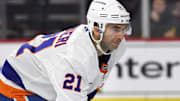 Jan 30, 2025; Philadelphia, Pennsylvania, USA; New York Islanders center Kyle Palmieri (21) against the Philadelphia Flyers at Wells Fargo Center. Mandatory Credit: Eric Hartline-Imagn Images