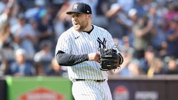 Aug 9, 2025; Bronx, New York, USA;  New York Yankees relief pitcher David Bednar (53) reacts after defeating the Houston Astros 5-4 at Yankee Stadium. Mandatory Credit: Wendell Cruz-Imagn Images