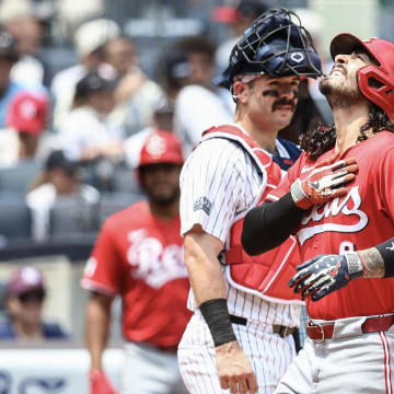 Jul 4, 2024; Bronx, New York, USA; Cincinnati Reds second baseman Jonathan India (6) gestures after hitting a solo home run in the third inning against the New York Yankees at Yankee Stadium.