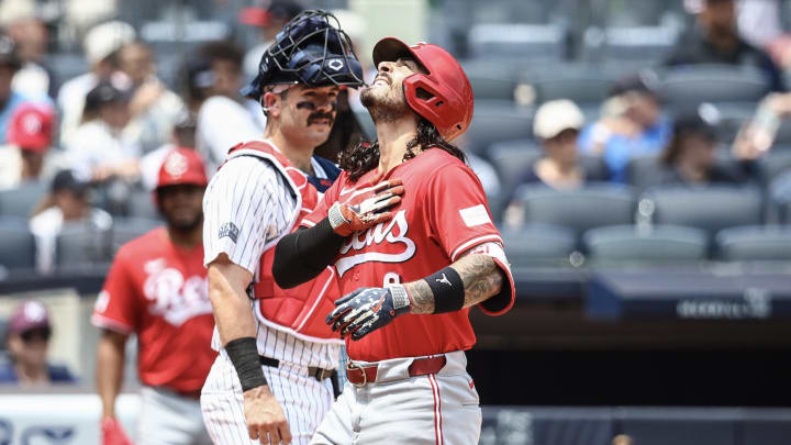Jul 4, 2024; Bronx, New York, USA; Cincinnati Reds second baseman Jonathan India (6) gestures after hitting a solo home run in the third inning against the New York Yankees at Yankee Stadium.
