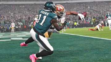Dec 3, 2023; Philadelphia, Pennsylvania, USA;  San Francisco 49ers cornerback Charvarius Ward (7) breaks up pass intended fro Philadelphia Eagles wide receiver A.J. Brown (11) during first quarter at Lincoln Financial Field. Mandatory Credit: Eric Hartline-USA TODAY Sports