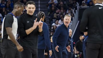 Nov 27, 2024; San Francisco, California, USA; Golden State Warriors head coach Steve Kerr reacts during a time-out in the first half of the game against the Oklahoma City Thunder at Chase Center. Mandatory Credit: John Hefti-Imagn Images