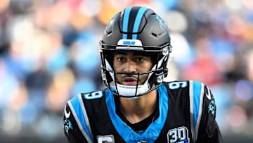 Nov 24, 2024; Charlotte, North Carolina, USA;  Carolina Panthers quarterback Bryce Young (9) on the field in the third quarter at Bank of America Stadium. Mandatory Credit: Bob Donnan-Imagn Images